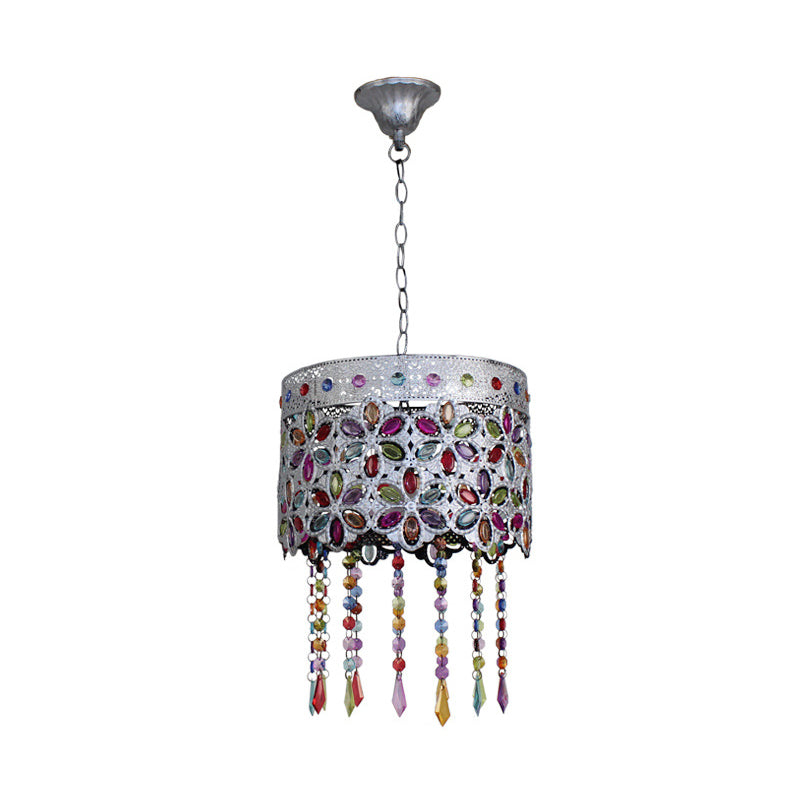 Bohemian Dome/Cylinder Pendulum Light Single-Bulb Stained Glass Ceiling Suspension Lamp in Copper with Fringe