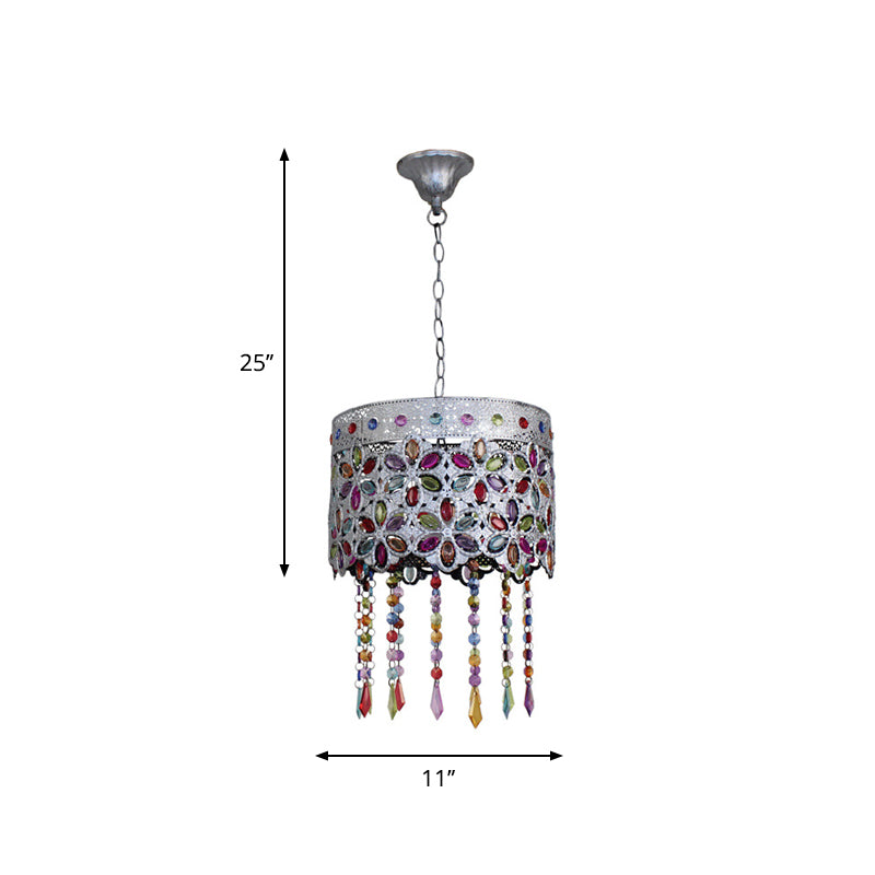 Bohemian Dome/Cylinder Pendulum Light Single-Bulb Stained Glass Ceiling Suspension Lamp in Copper with Fringe