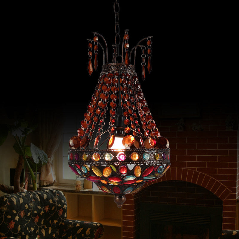 Costilla con cuentas de vidrieras Costeo Bohemio 1 Cabeza Comedor de comedor Luz de techo colgante en cobre