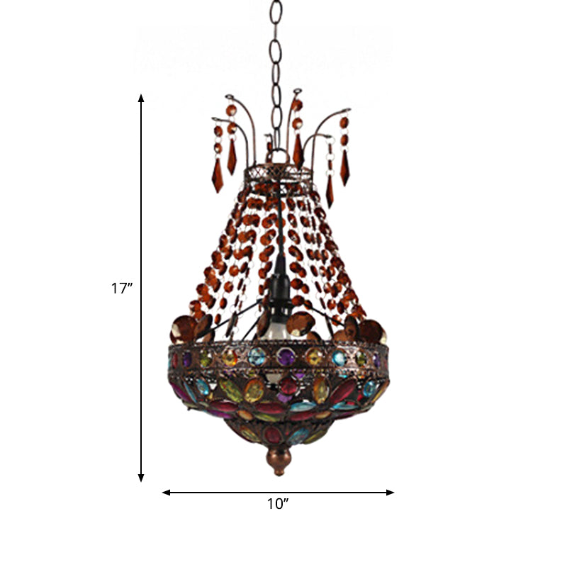 Stained Glass Beaded Teardrop Pendant Bohemian 1 Head Dining Room Hanging Ceiling Light in Copper