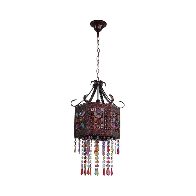 1-Head Stained Art Glass Pendant Lighting Bohemia Copper Hexagon Lantern Bedroom Ceiling Hang Light with Scroll Arm