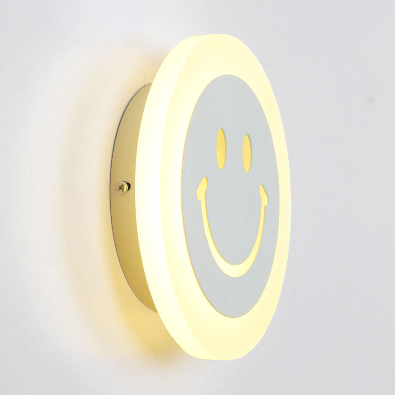 Thin Round LED Wall Light Kit Cartoon Acrylic White Smiley Wall Sconce in Warm/White Light for Bedroom