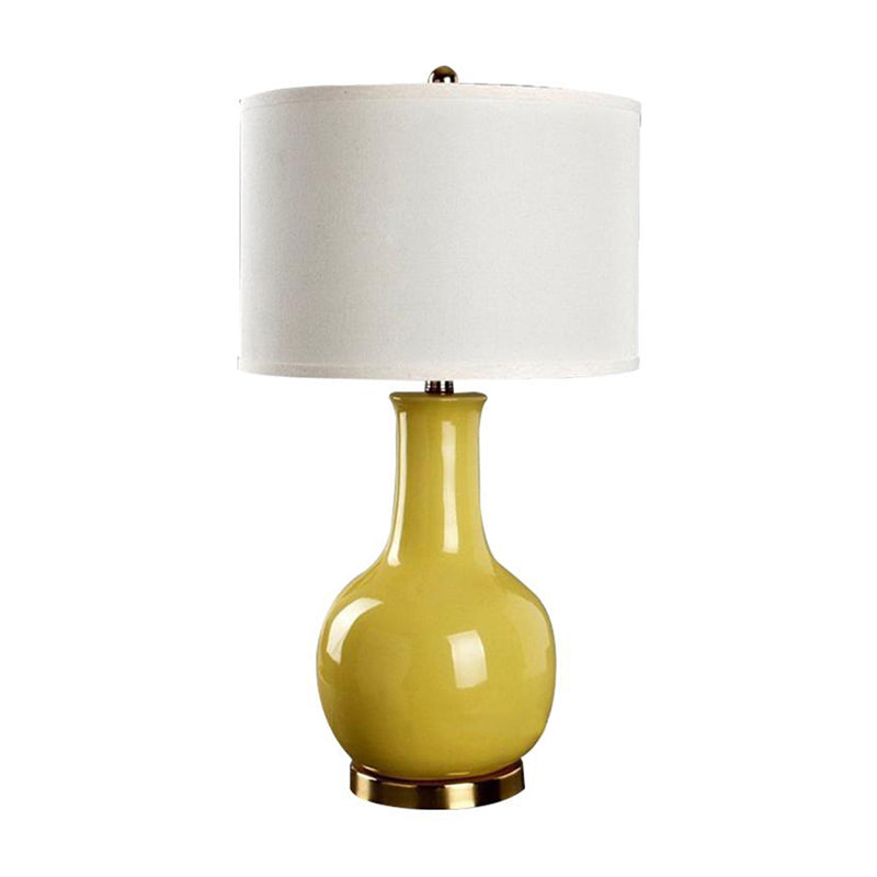 Drum Night Stand Light Modern Fabric 1 Head Living Room Table Lamp with Vase Ceramic Base in White/Red/Blue