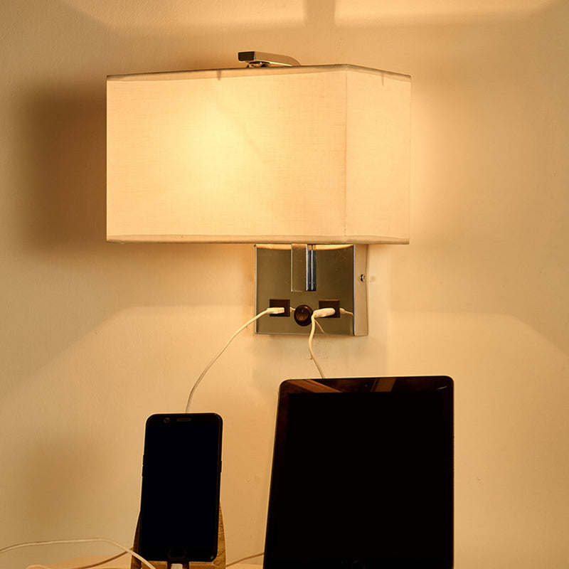 Fabric Rectangle Wall Light Kit Minimalist Single-Bulb Beige/Black/White Wall Lamp Fixture with USB Port
