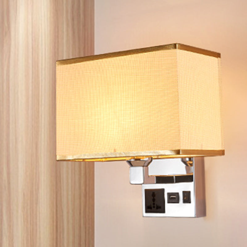 Rectangle Fabric Wall Light Simple Single White/Flaxen Wall Sconce with 3-Hole Socket and USB Charging Port