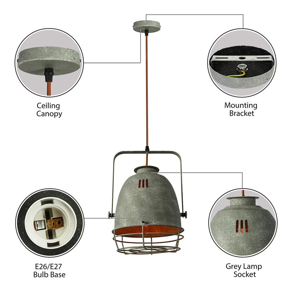 Wrought Iron Bell/Dome Shade Pendant Lighting Industrial 1 Light Living Room Hanging Lamp with Wire Guard in Grey
