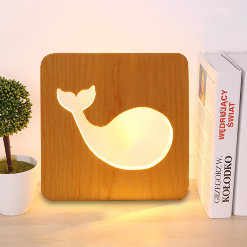 Beige quadratische kleine Schreibtischlicht mit Delphin modernem Holztischlicht für Kinderschlafzimmer