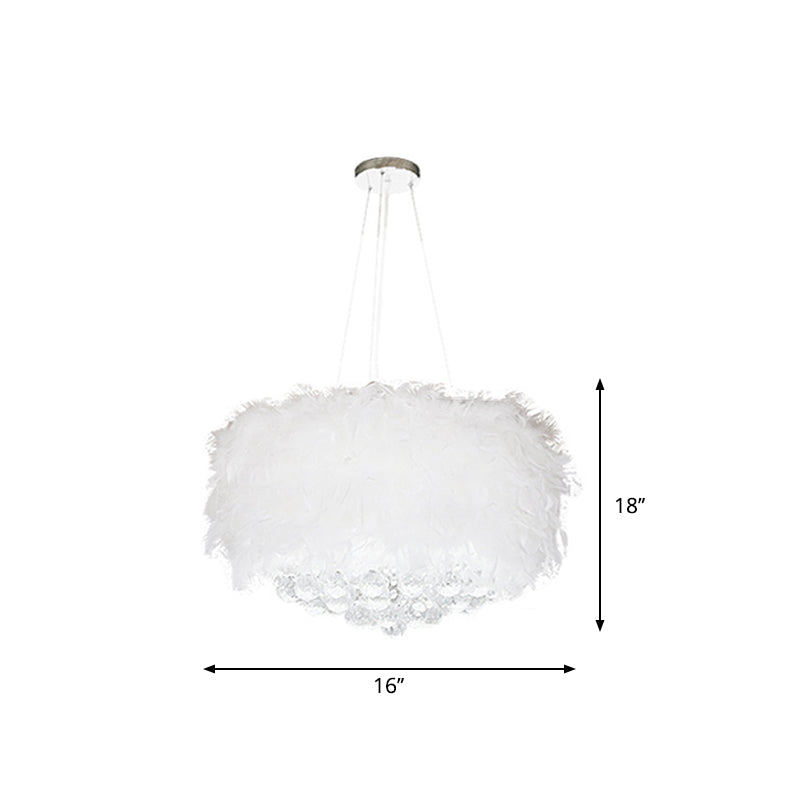 Drum Bedroom Ceiling Pendant Feather 3/9/11-Bulb Minimalist Chandelier Light in White with Crystal Orb, 16"/18"/23.5" W