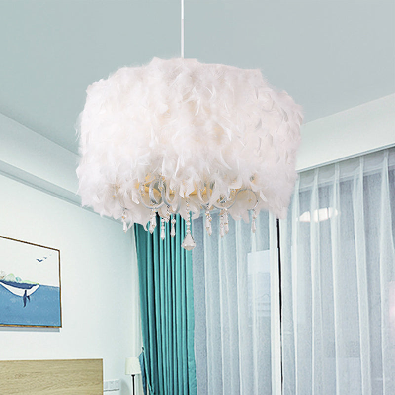 5 Lichter Esszimmer Kronleuchter nordisch weißer Anhänger mit Trommelfederschatten und Tränenkristall