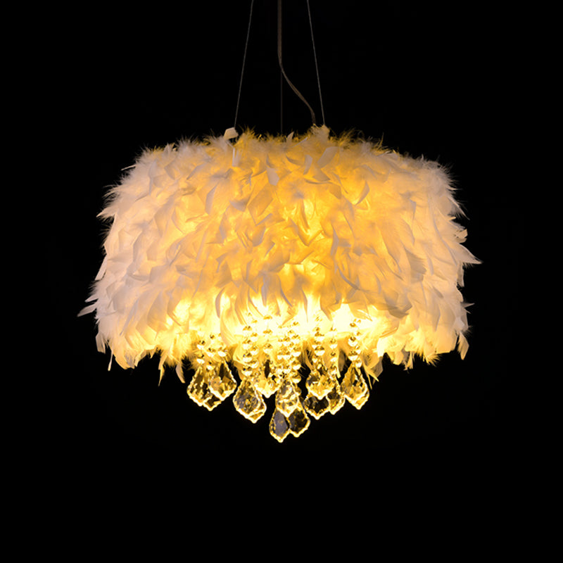 Weißer Trommelanhänger Kronleuchter moderner 5/6/9-Licht-Federhängelampe mit Kristallabfall, 16 "/19.5"/27,5 "breit