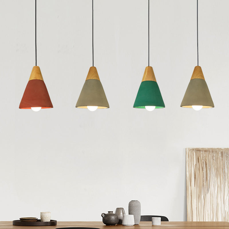 Kegel/kom cement hangende verlichtingsarmatuur macaron single-bulb groene/rode hanglamp met houten top