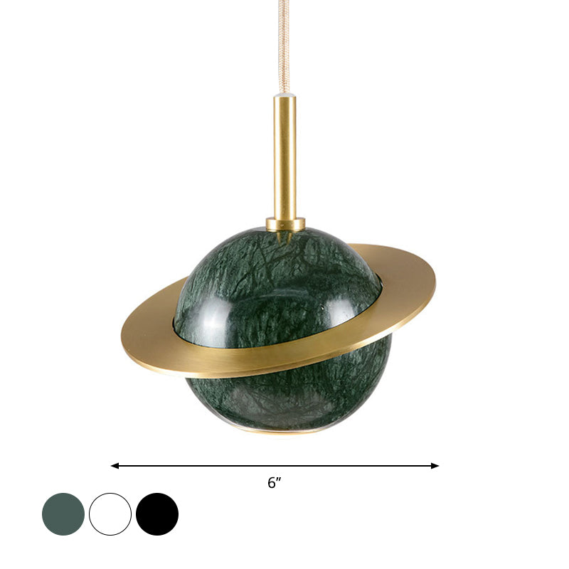 Designer Globe Hanging Light Marble Restaurant LED Pendant Lamp in Black/White/Green with Brass Ring