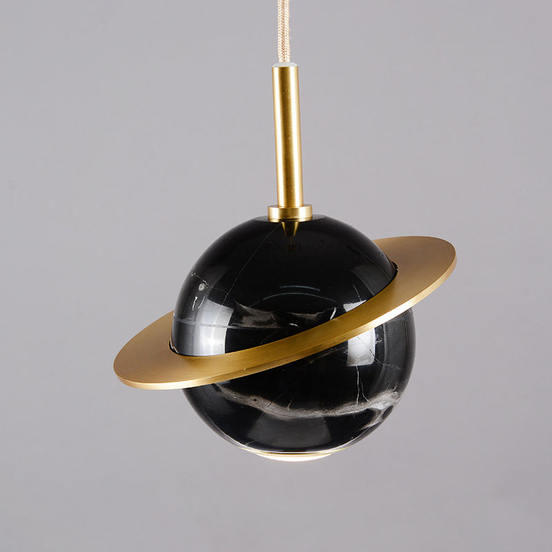 Designer Globe Hanging Light Marble Restaurant LED Pendant Lamp in Black/White/Green with Brass Ring