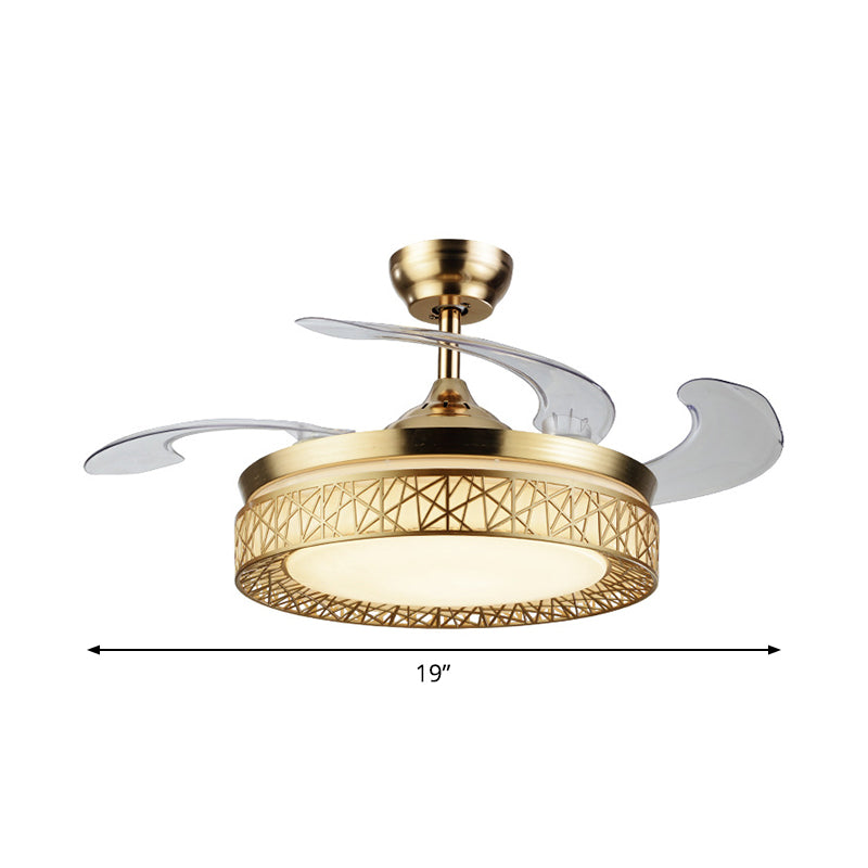 Gouden nestvormige 4 messen semi-flush mount eenvoudige led metallic plafondventilator licht, 19 "breed