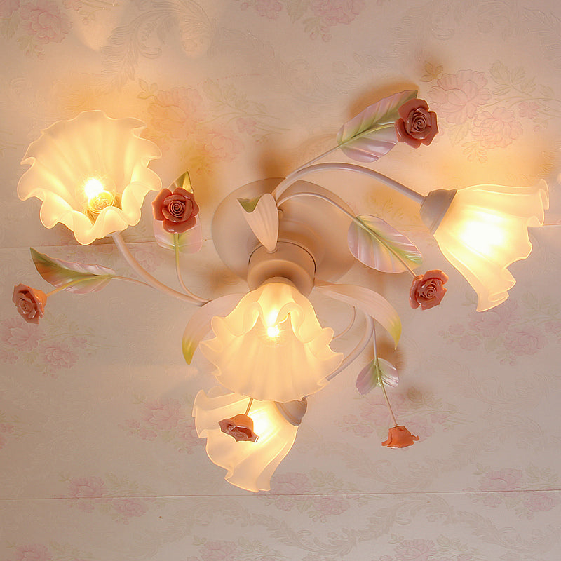 Pastoral Style Floral Semi Flush Mount 4/7-Light Metal Flush Ceiling Light with Frosted Glass Shade in White