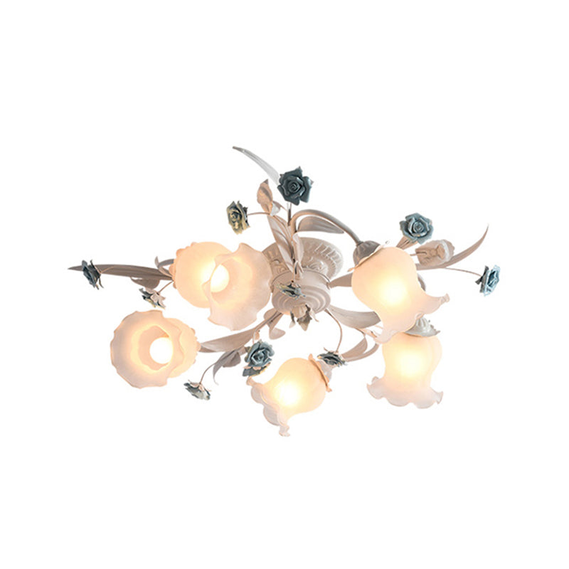 American Garden Flower Semi-Flush Mount 5 Bulbs Frosted White Glass Flush Mounted Light for Living Room