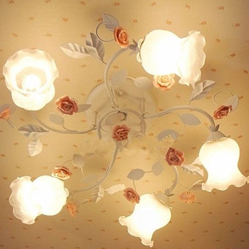 5 Bulbs Semi Flush Mount Korean Garden Floral Frosted White Glass Ceiling Flush Light for Bedroom