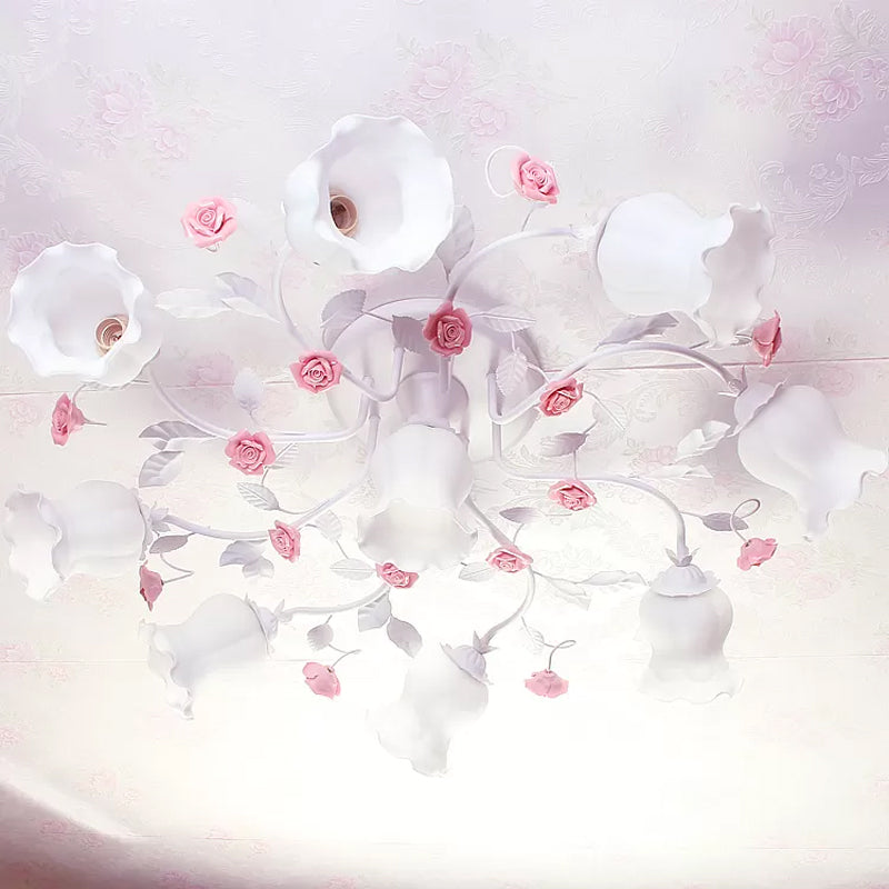 Zugesperrte Creme Glas Rüschen Deckenleichte Landschaft 9 Lichter Schlafzimmer Halbflush -Lampe in Rosa/Grün