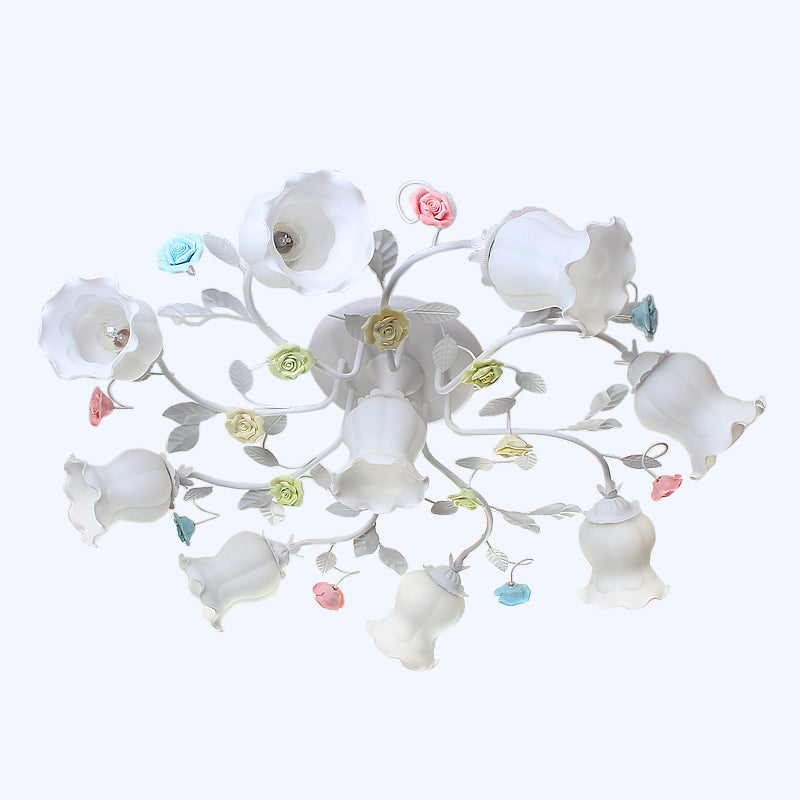 Frosted Cream Glass Ruffle Ceiling Light Countryside 9 Lights Bedroom Semi Flush Mounted Lamp in Pink/Green