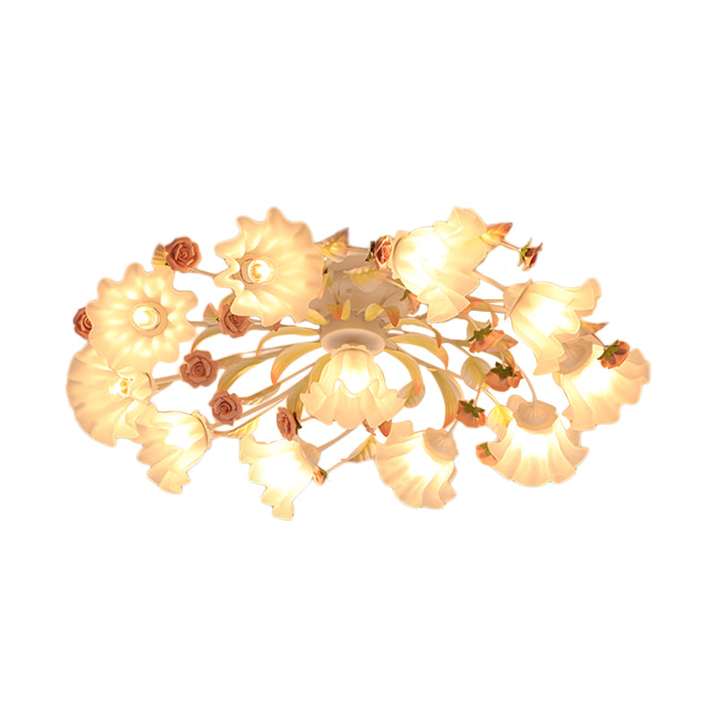 Pastoral Ruffle Ceiling Flush Lamp 4/7/9 Heads Frosted White Glass Semi Flush Mount for Dining Room