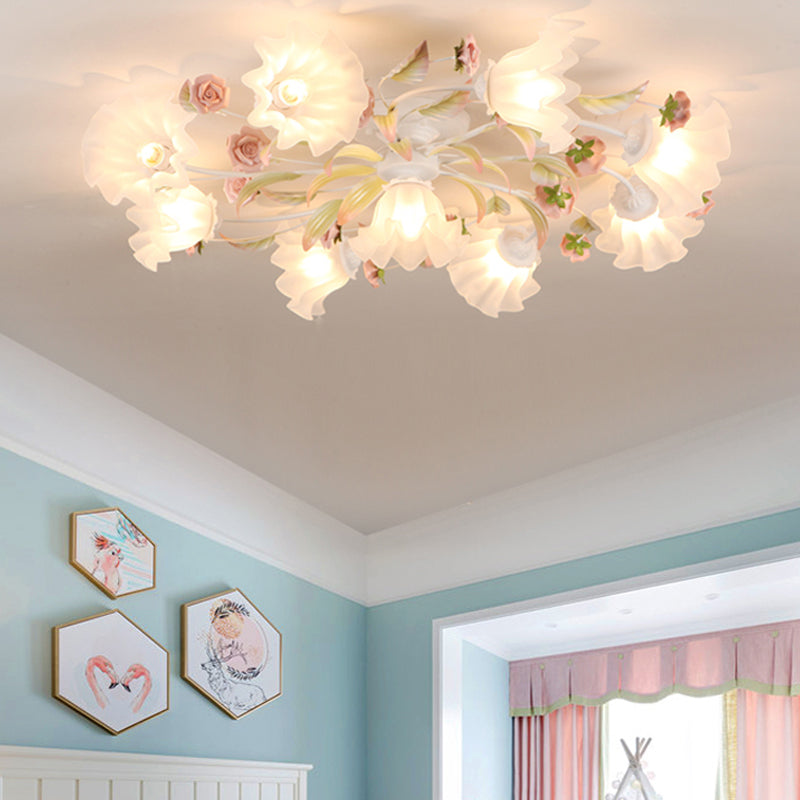 Pastoral Ruffle Ceiling Flush Lamp 4/7/9 Heads Frosted White Glass Semi Flush Mount for Dining Room