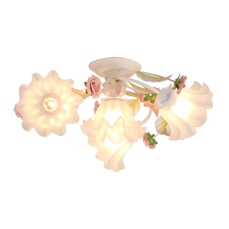 Pastoral Ruffle Ceiling Flush Lamp 4/7/9 Heads Frosted White Glass Semi Flush Mount for Dining Room