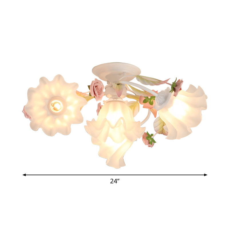 Pastoral Ruffle Ceiling Flush Lamp 4/7/9 Heads Frosted White Glass Semi Flush Mount for Dining Room