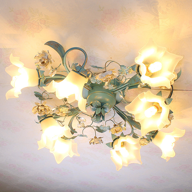 Blue 6/8 Bulbs Semi Flush Ceiling Light Pastoral Style Flower Frost White Glass Ceiling Lamp for Bedroom