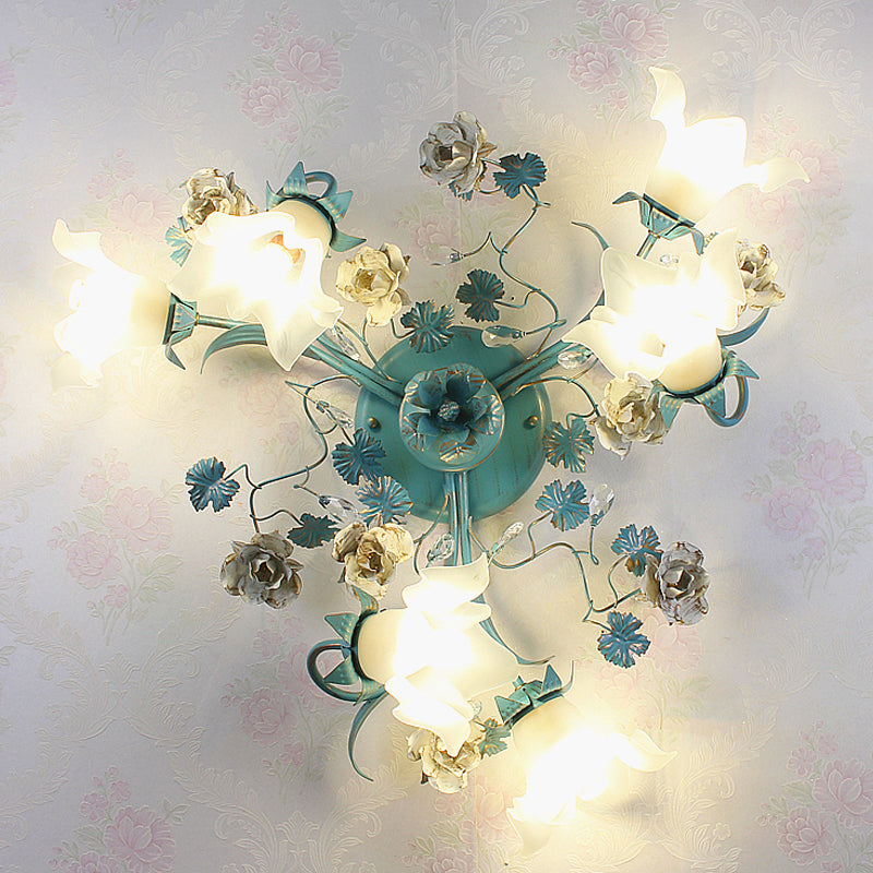 Blue 6/8 Bulbs Semi Flush Ceiling Light Pastoral Style Flower Frost White Glass Ceiling Lamp for Bedroom