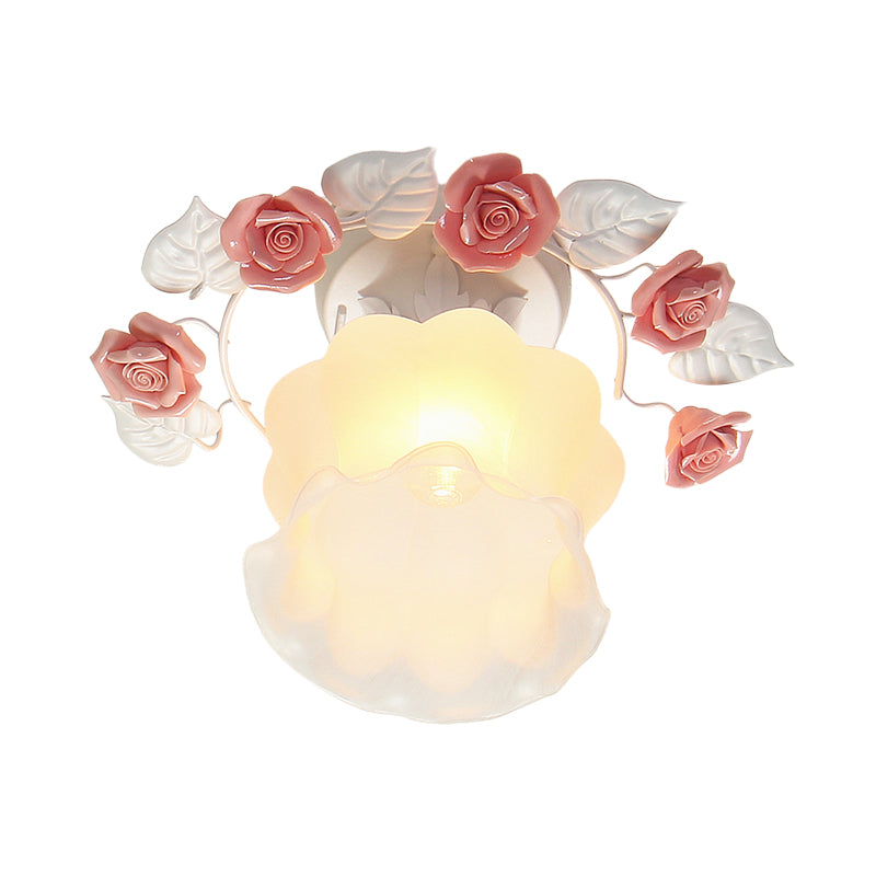 Ruffle Frosted White Glass Semi Flush Mounted Light Pastoral Style 1-Light Dining Room Ceiling Lighting in Pink/White/Blue