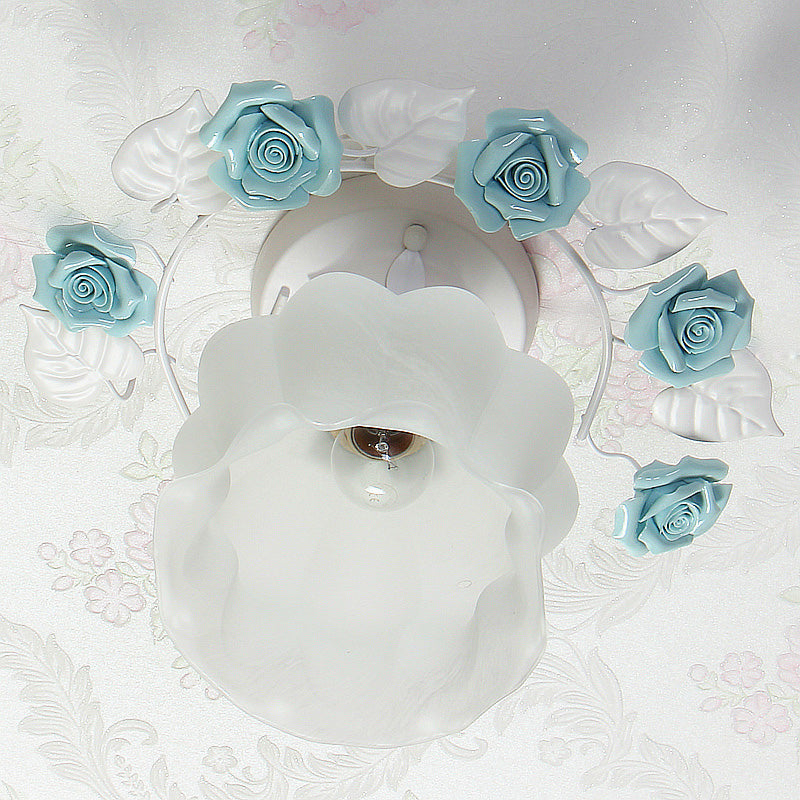 Ruffle Frosted White Glass Semi Flush Mounted Light Pastoral Style 1-Light Dining Room Ceiling Lighting in Pink/White/Blue