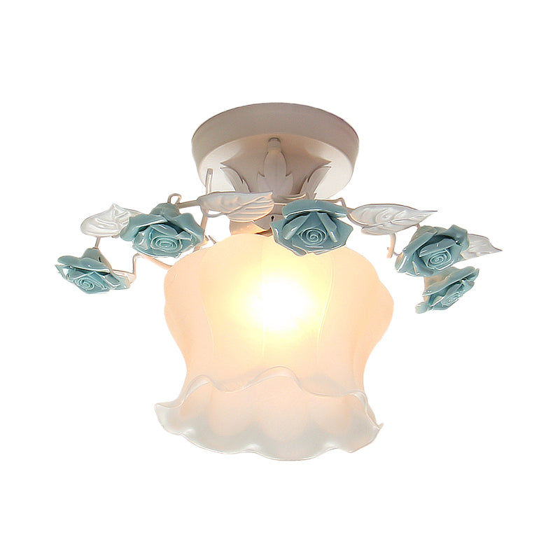 Ruffle Frosted White Glass Semi Flush Mounted Light Pastoral Style 1-Light Dining Room Ceiling Lighting in Pink/White/Blue