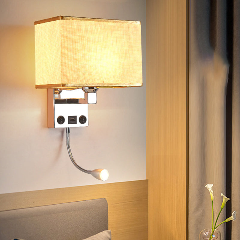 Black/White/Flaxen Cuboid Wall Lamp Modern Single Fabric Wall Sconce with USB Port and Spotlight