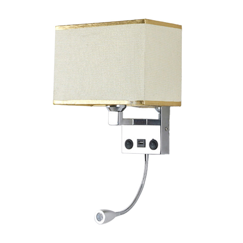 Black/White/Flaxen Cuboid Wall Lamp Modern Single Fabric Wall Sconce with USB Port and Spotlight