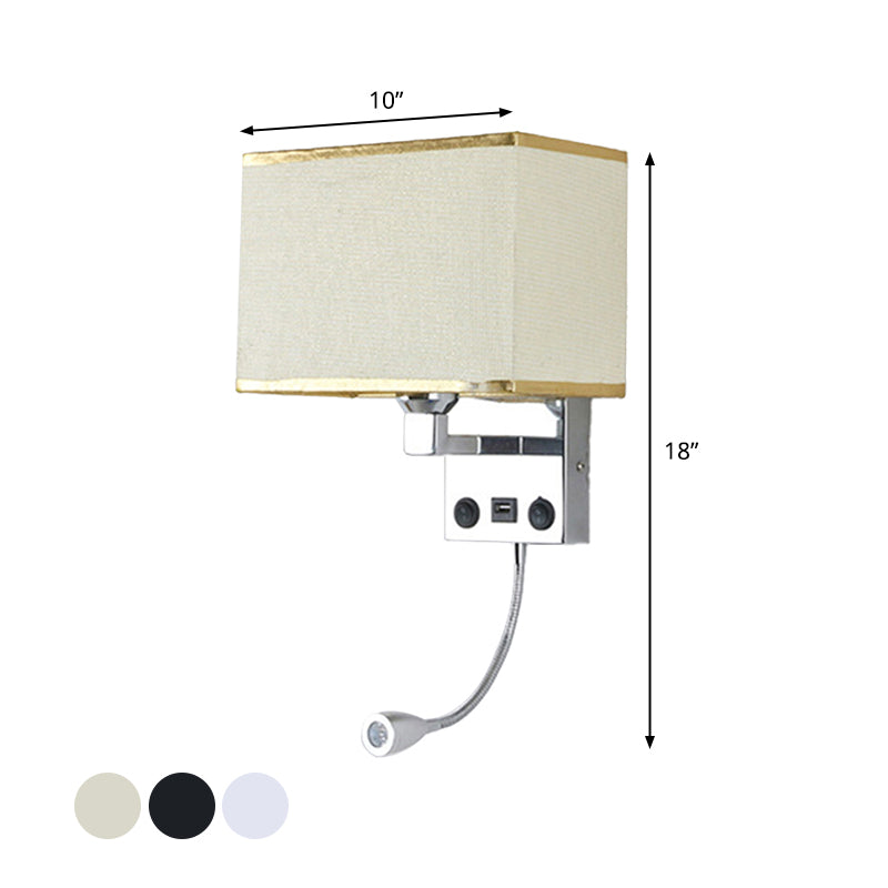 Black/White/Flaxen Cuboid Wall Lamp Modern Single Fabric Wall Sconce with USB Port and Spotlight