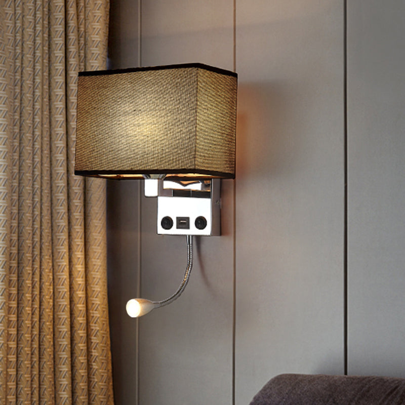 Black/White/Flaxen Cuboid Wall Lamp Modern Single Fabric Wall Sconce with USB Port and Spotlight