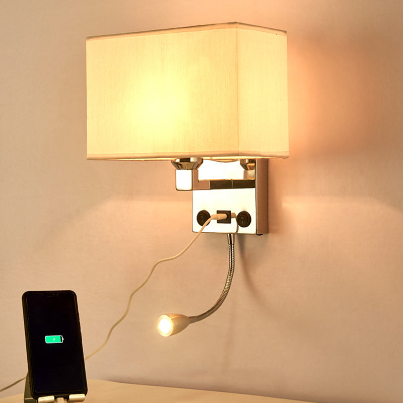 Black/White/Flaxen Cuboid Wall Lamp Modern Single Fabric Wall Sconce with USB Port and Spotlight