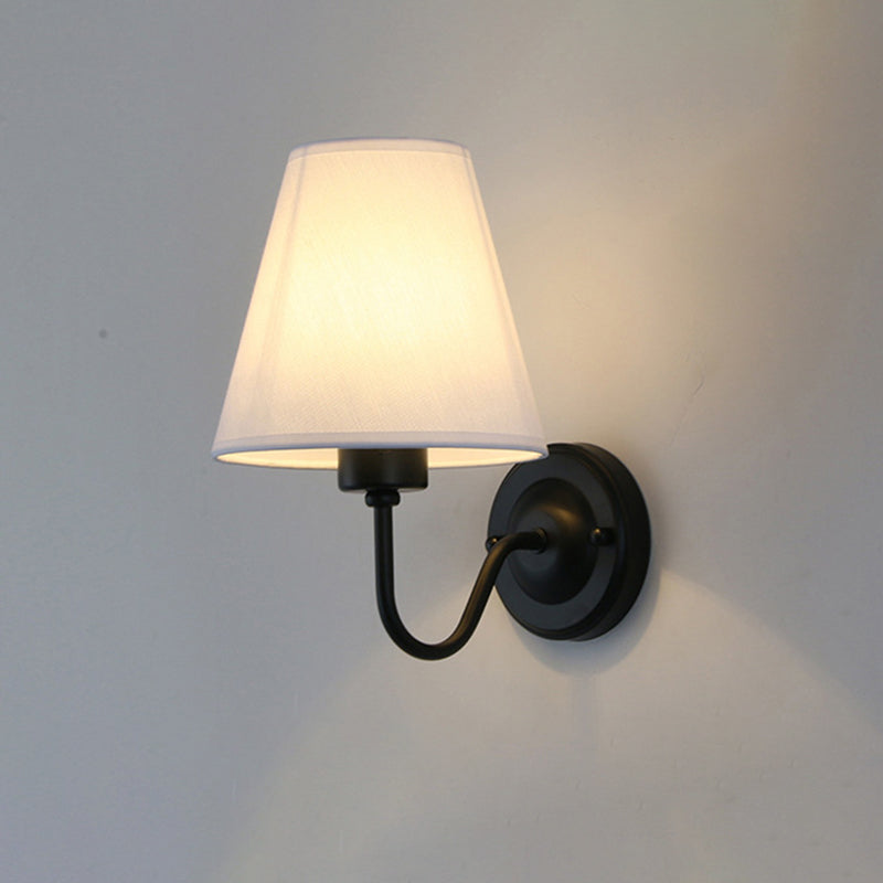 Black/Brown/Beige Cone Wall Lamp Nordic 1-Light Fabric Wall Lighting with Curved Arm in Black/White