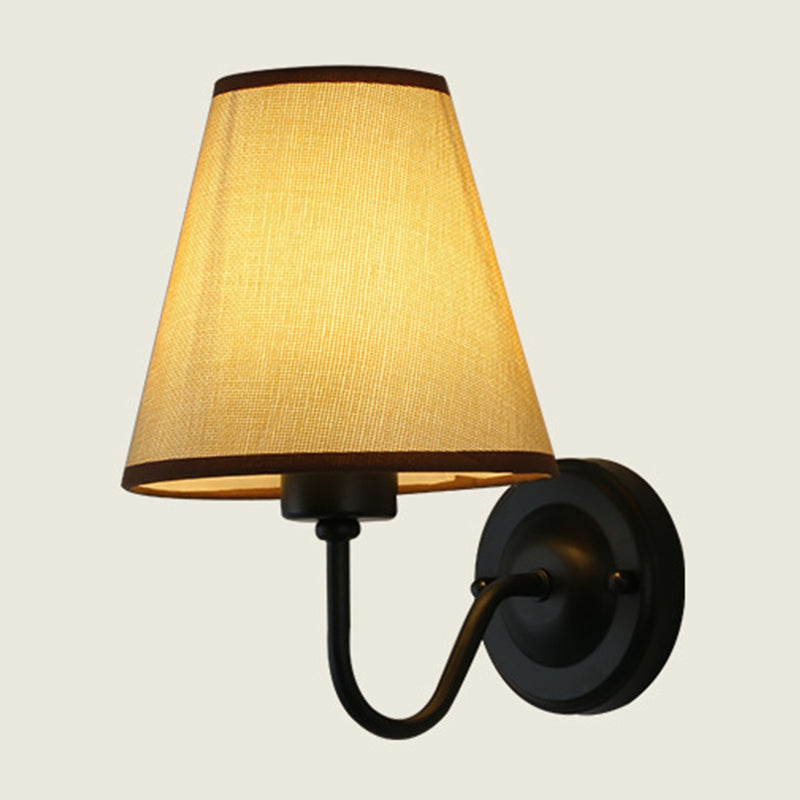 Black/Brown/Beige Cone Wall Lamp Nordic 1-Light Fabric Wall Lighting with Curved Arm in Black/White