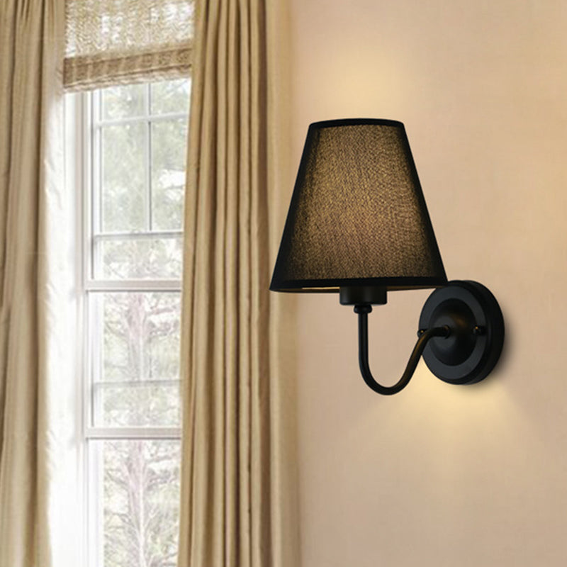 Black/Brown/Beige Cone Wall Lamp Nordic 1-Light Fabric Wall Lighting with Curved Arm in Black/White
