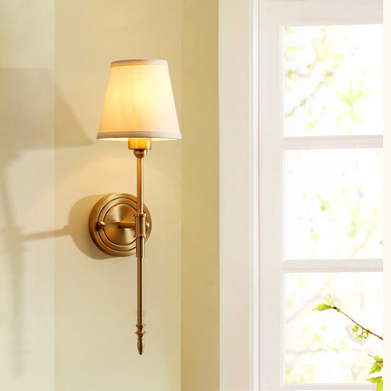 Tapered Bedroom Wall Light Kit Minimalist Fabric 1 Bulb Gold Wall Mount Reading Lamp with Pencil Arm