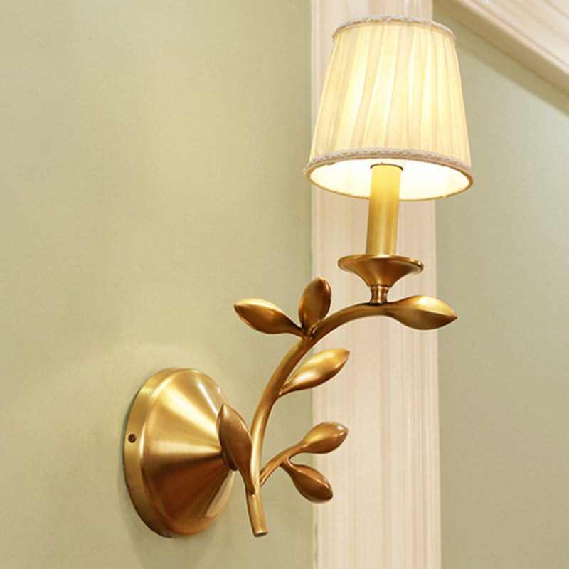 1/2-Bulb Tapered Wall Lighting Rustic Gold Gathered Fabric Wall Mounted Lamp with Wheat Decor