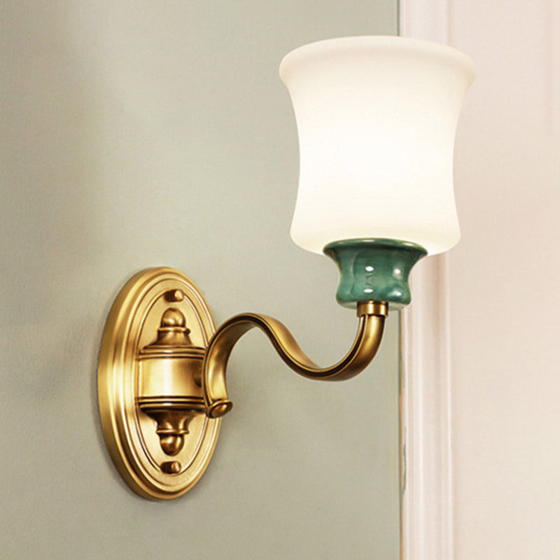 1/2-Light Fabric/White Glass Wall Lamp Traditional Gold Scalloped/Tapered/Curved Bedside Wall Mounted Light Fixture