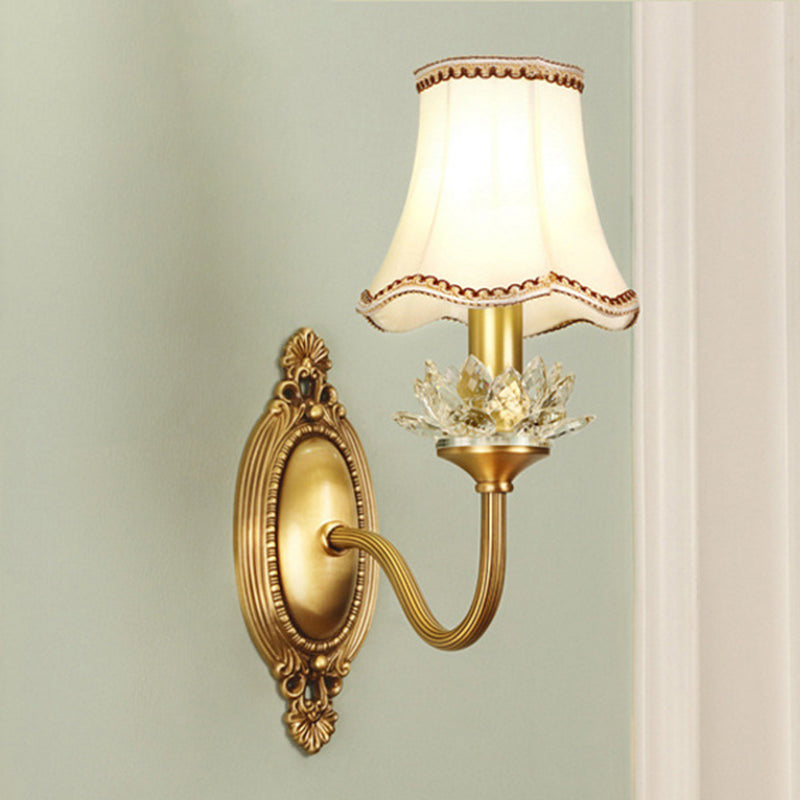 1/2-Light Fabric/White Glass Wall Lamp Traditional Gold Scalloped/Tapered/Curved Bedside Wall Mounted Light Fixture
