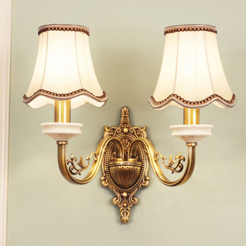 1/2-Light Fabric/White Glass Wall Lamp Traditional Gold Scalloped/Tapered/Curved Bedside Wall Mounted Light Fixture