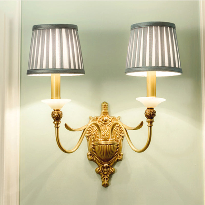 1/2-Light Fabric/White Glass Wall Lamp Traditional Gold Scalloped/Tapered/Curved Bedside Wall Mounted Light Fixture