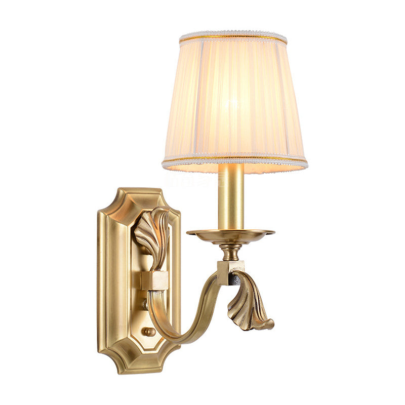 Pleated Fabric Cone Wall Light Traditional 1/2-Bulb Living Room Wall Sconce with Arm in Gold