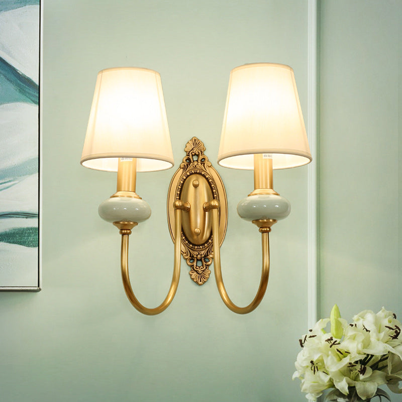 Gold Swoop Arm Wall Light Traditional Metal 1/2-Head Gold Sconce Lamp with Cone Shade and Faux Jade Decor