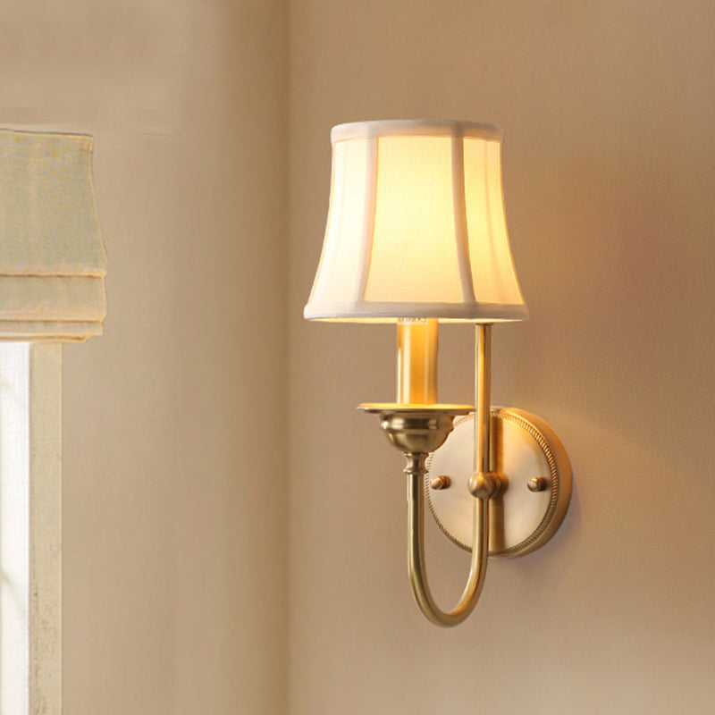 Flared Living Room Wall Lighting Antiqued Fabric 1 Bulb Gold Wall Mounted Lamp with U Shaped Arm