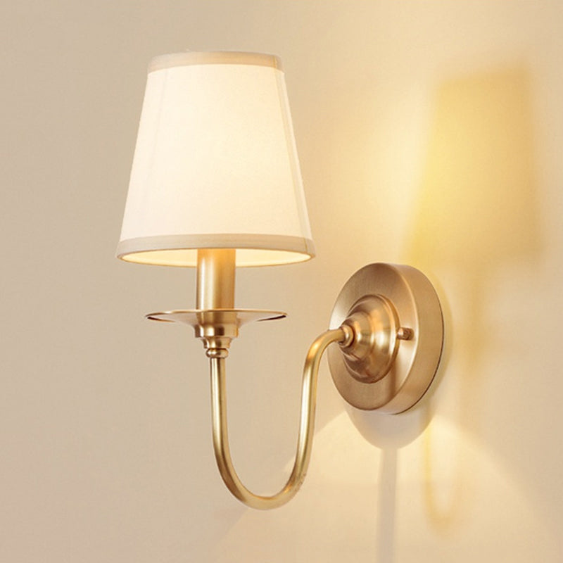 1-Light Cone Wall Mounted Light Traditional White Fabric Wall Lamp with Swoop Arm in Gold